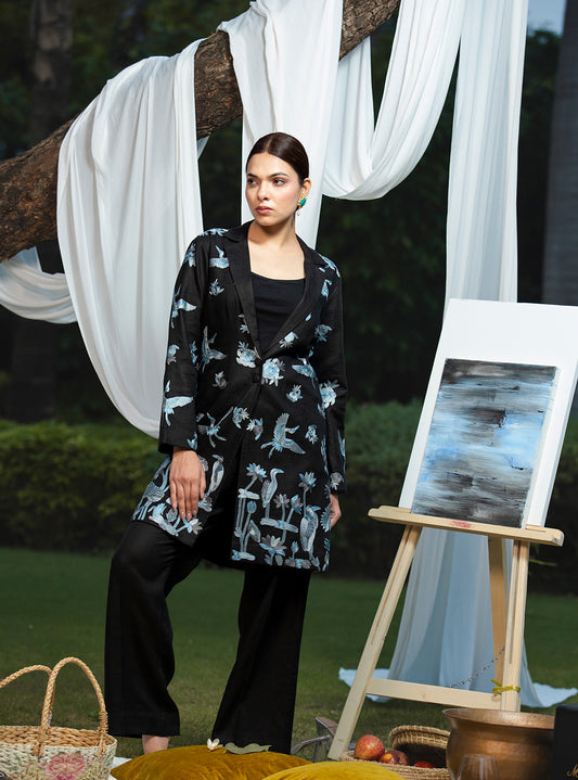 Midnight Crane Linen Coat Set