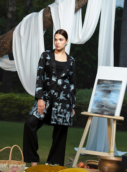 Midnight Crane Linen Coat Set