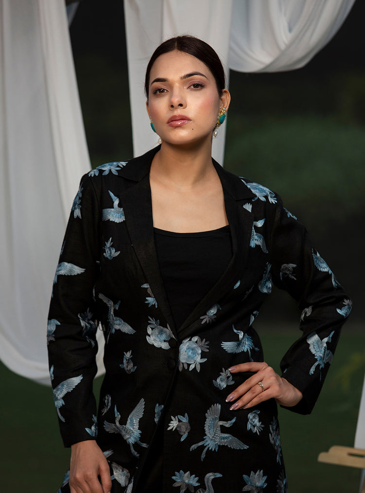 Midnight Crane Linen Coat Set