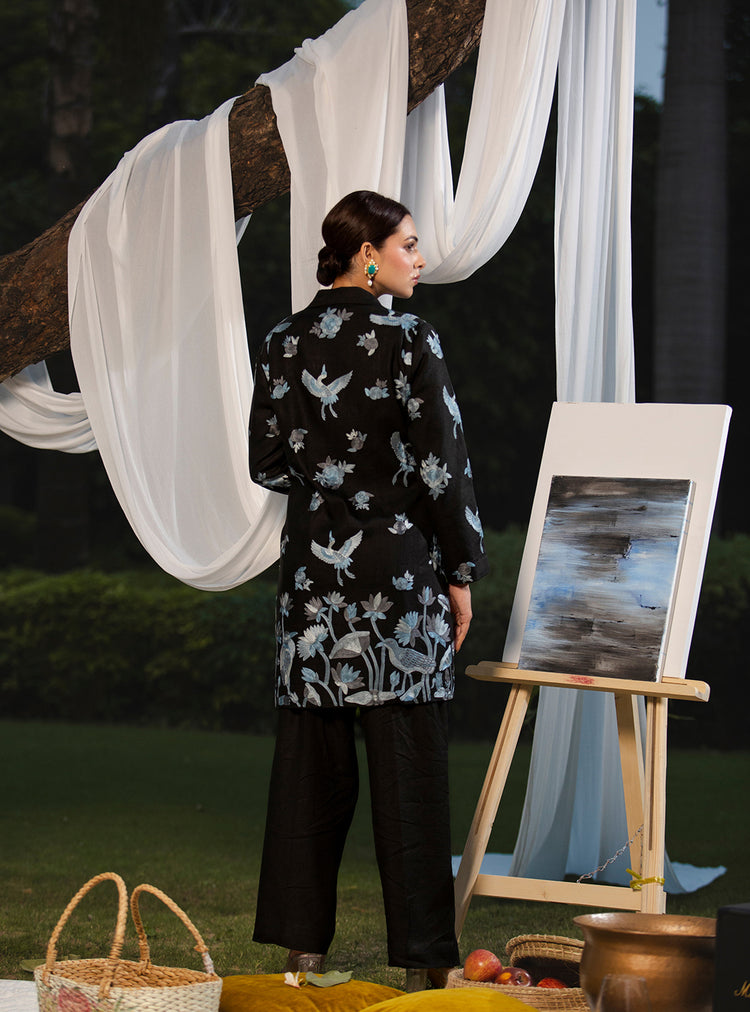 Midnight Crane Linen Coat Set