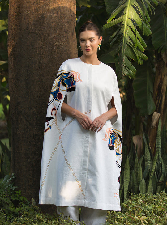 White Stallion Embroidered Cape Set