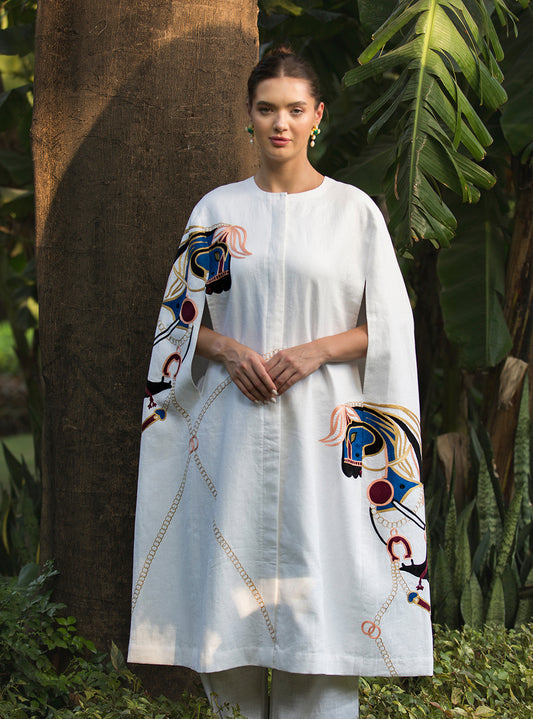 White Stallion Embroidered Cape Set
