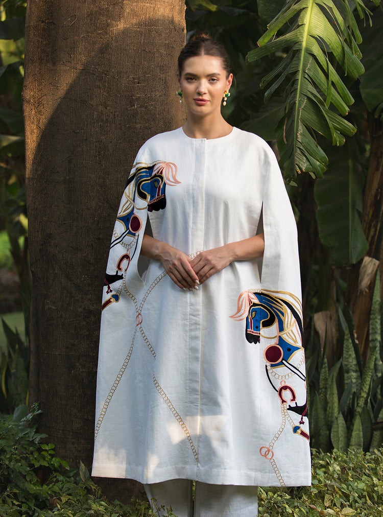 White Stallion Embroidered Cape Set