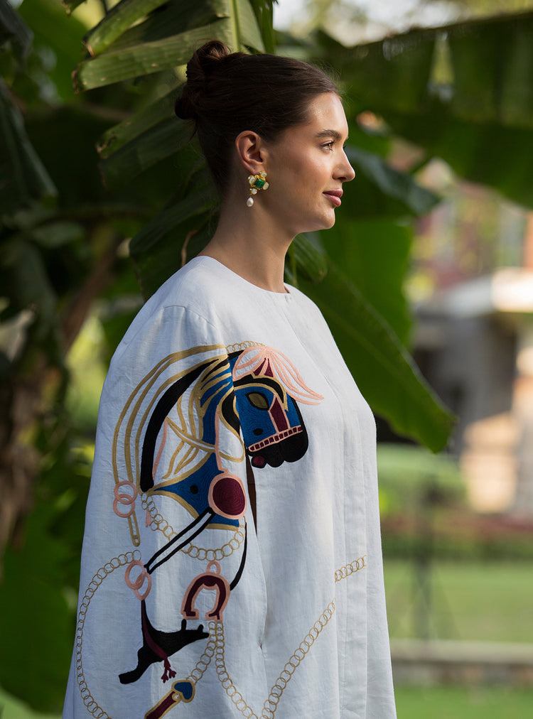 White Stallion Embroidered Cape Set